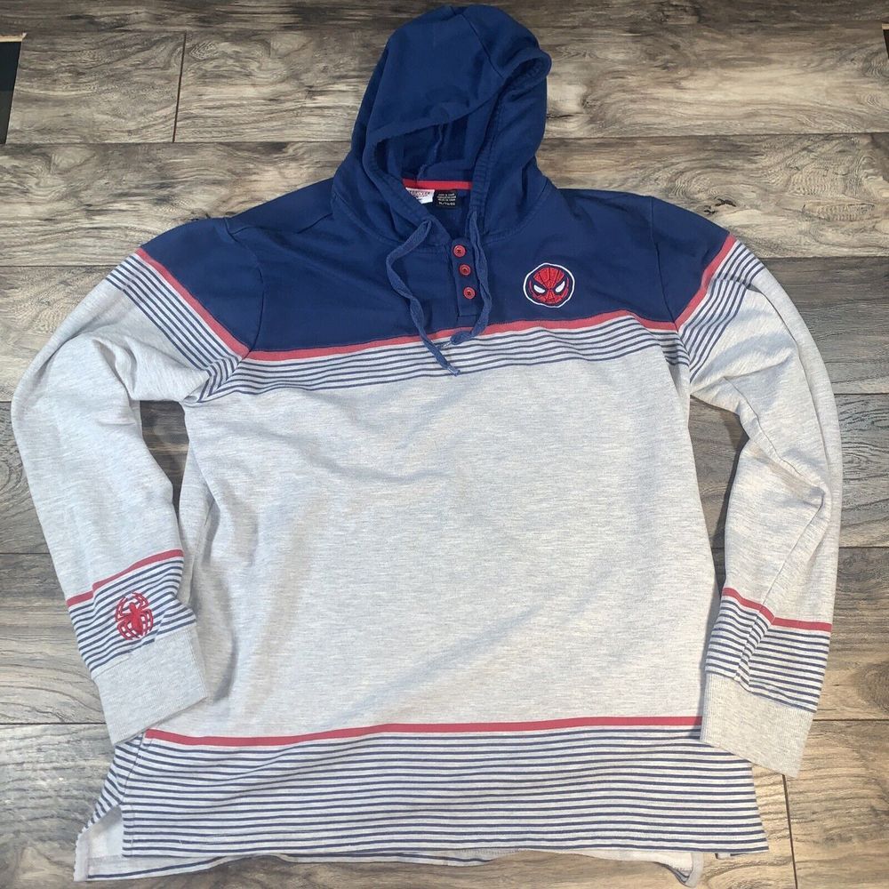 Spiderman Hoodie Youth XL Gray Blue Red Henley Sweatshirt Marvel Comics Mask‎